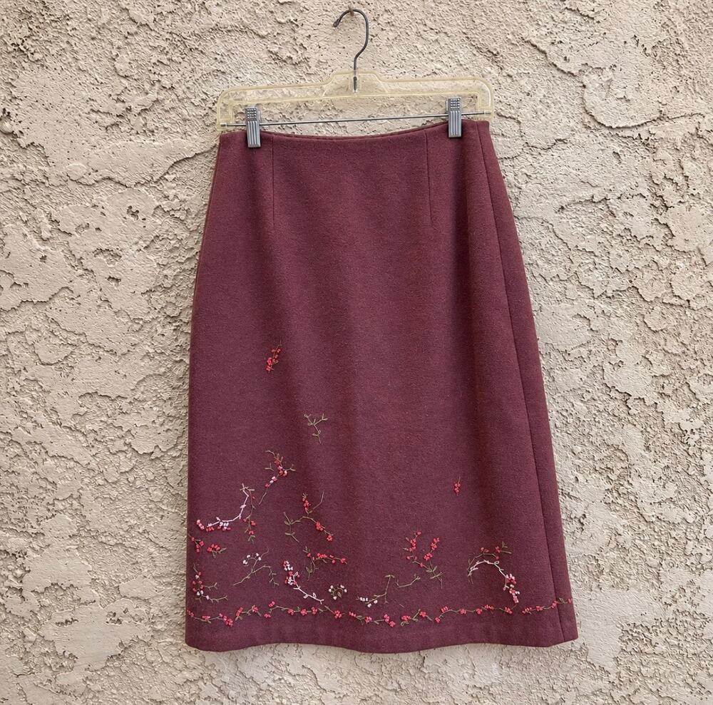 Vintage Banana Republic Embroidered Floral Wool Midi Skirt Burgundy Brown Size 4